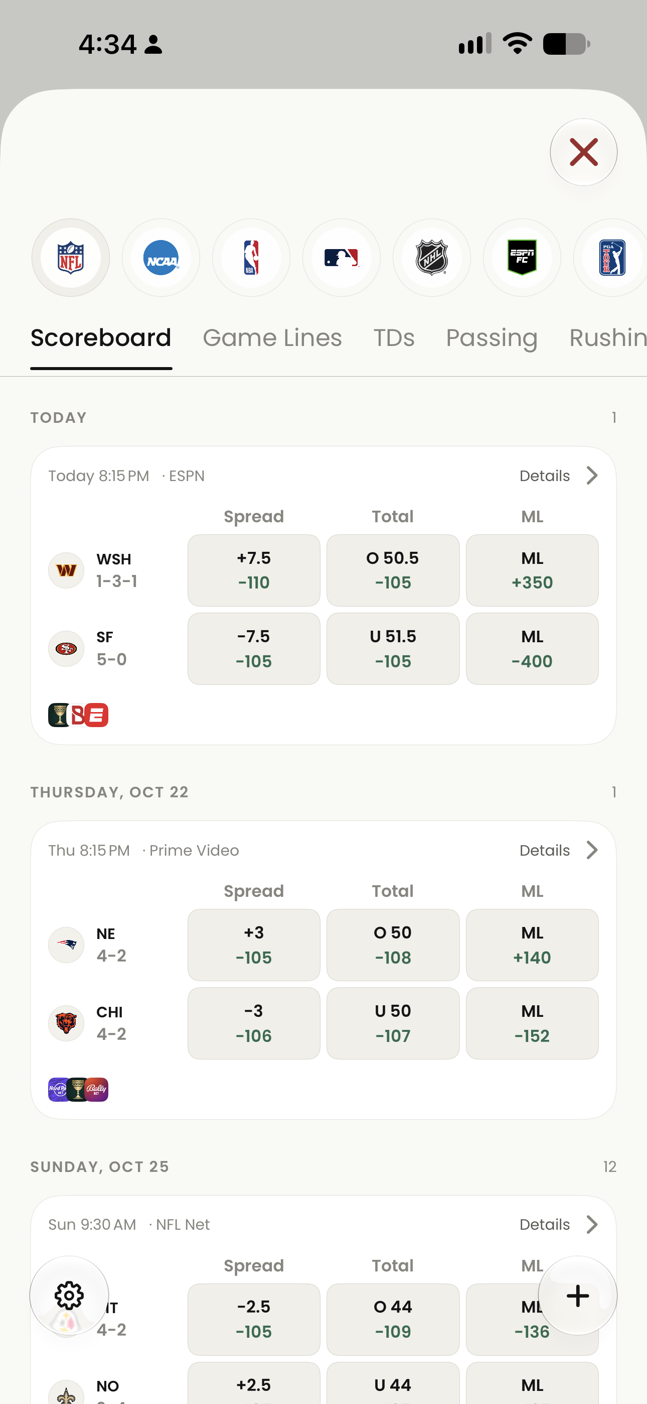 Scores and odds board with league selectors and scheduled games showing spread, total and moneyline columns. Prices are historical.
