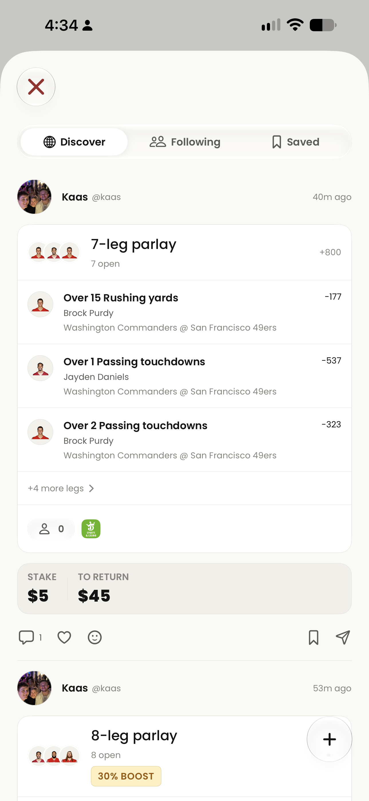 Slate's community discovery feed with Discover, Following and Saved views, a shared seven-leg parlay marked open, and comment, reaction, save and share controls.