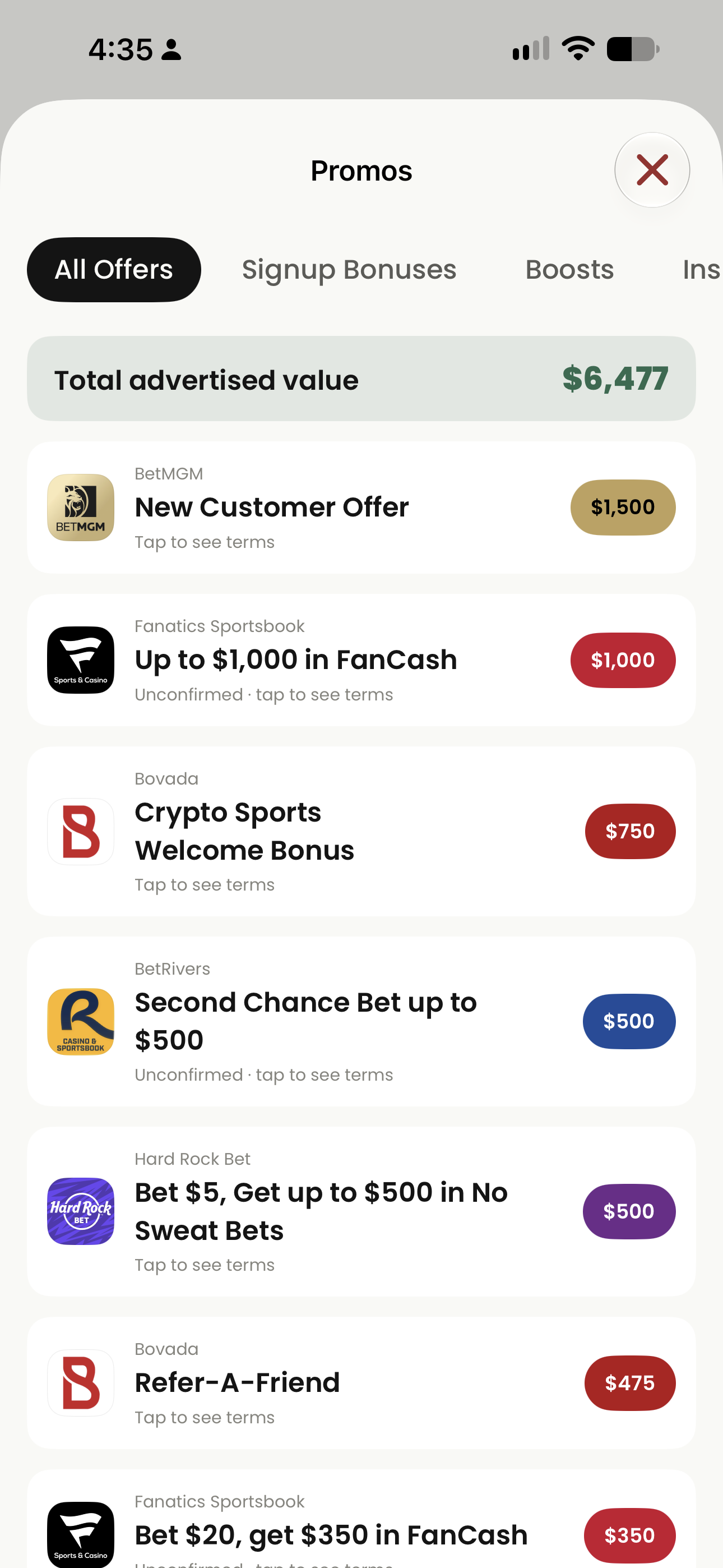 Historical promotions marketplace with offer filters and advertised values. The amounts are not current offers, cash guarantees or expected returns.