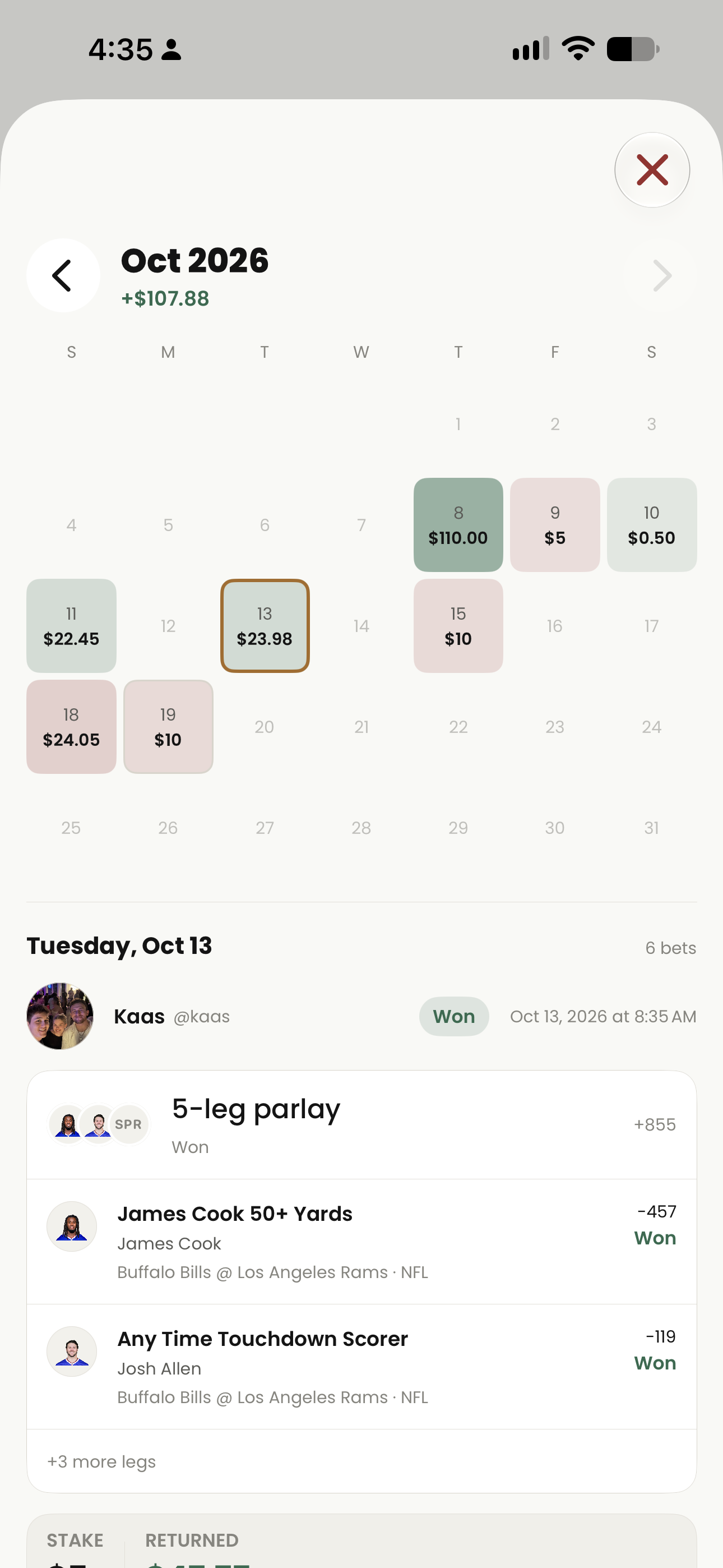 October 2026 bet calendar with positive and negative daily amounts, a selected day and a won parlay with individual leg results.